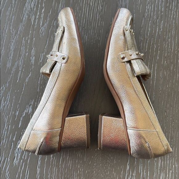 Franco Sarto Gold Block Heel Loafers Fringe Studs Embellished Shoes Size 6.5 EUC - Picture 9 of 12